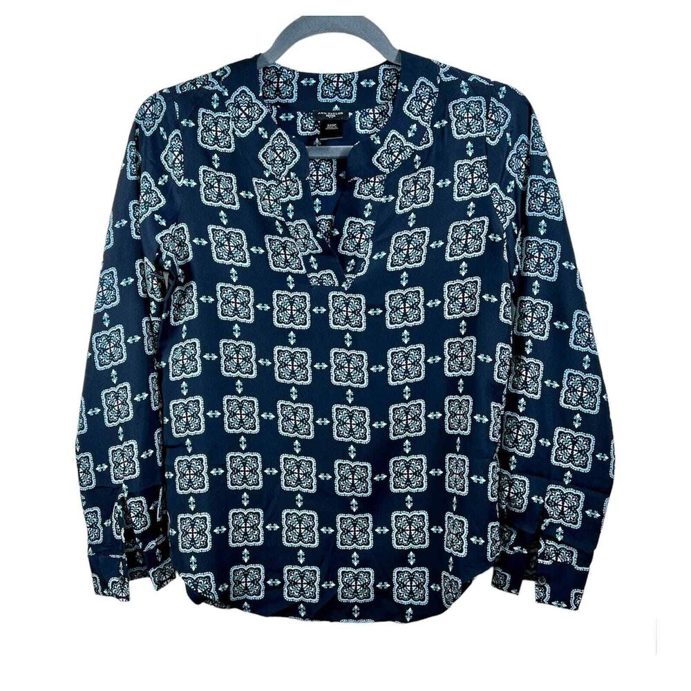 Ann Taylor Navy Blue Teal Green Geometric Roll-tab sleeve Blouse Size XXSP